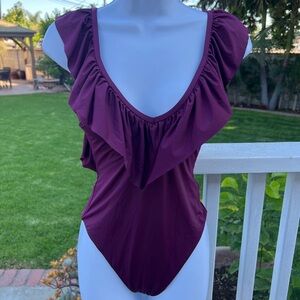 Burgundy Asymmetrical Ruffled Bodysuit Swimwear Women’s size Small